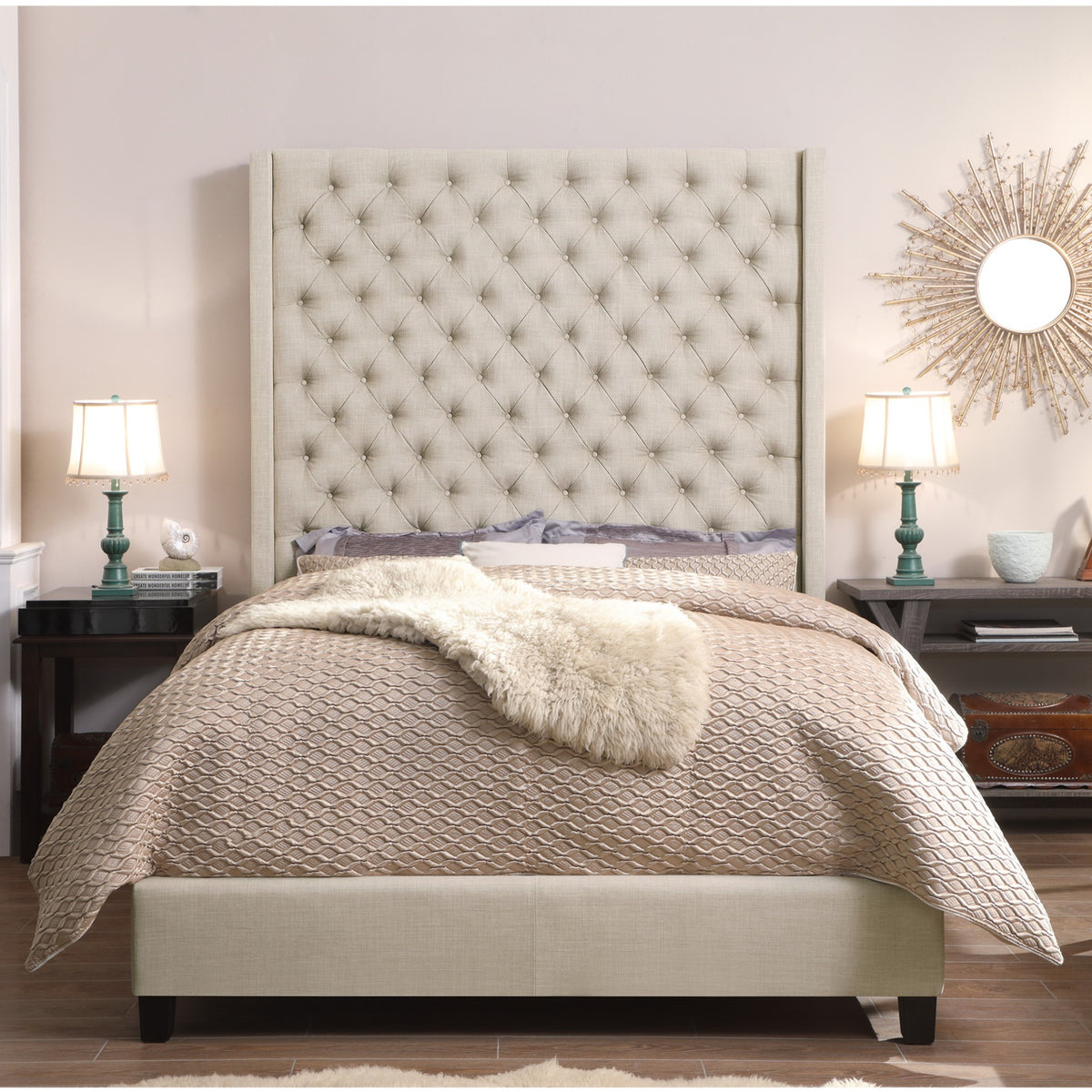 Tufted wingback upholstered deals bed